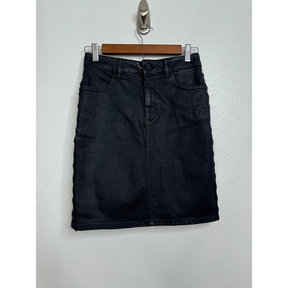 DL1961 Sandra Skirt Night Shine Black Coated Denim Lace Up Side‎ Mini Skirt M